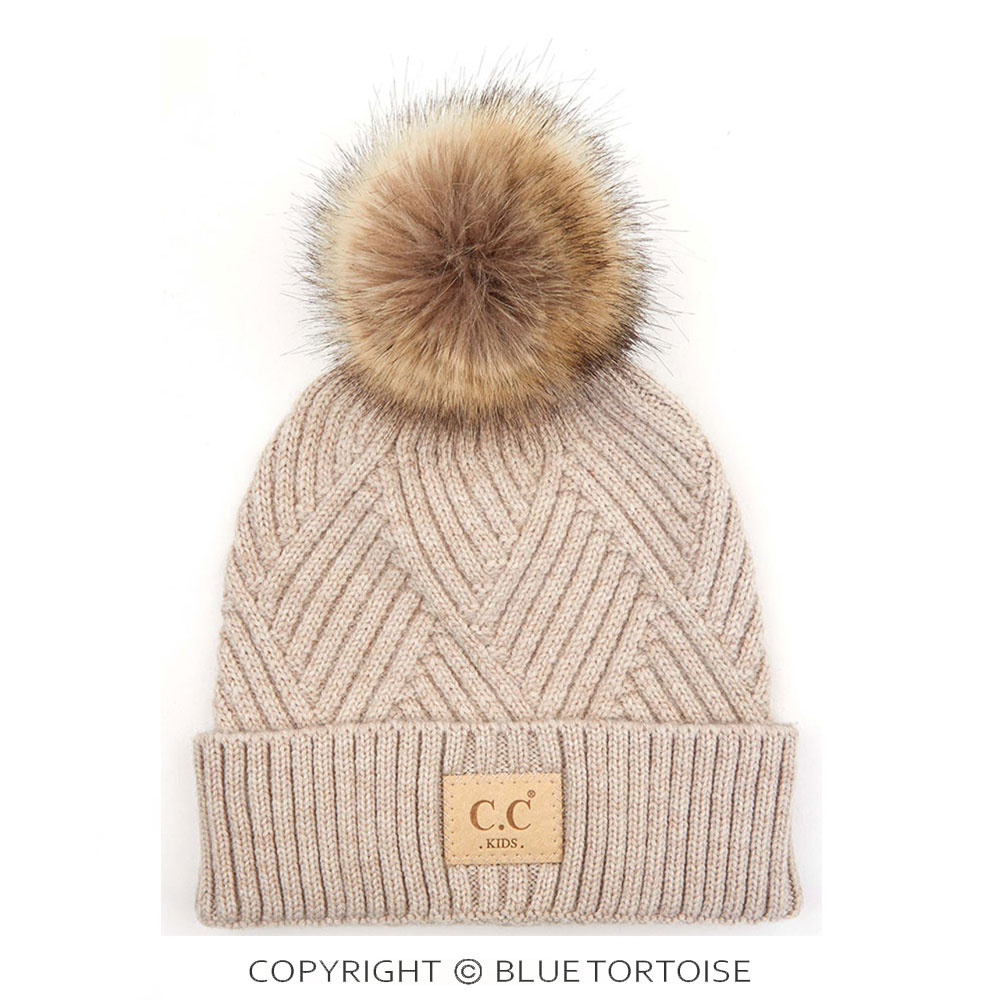 C.C Kids Diagonal Stripes Criss Cross Pattern Beanie with Pom
