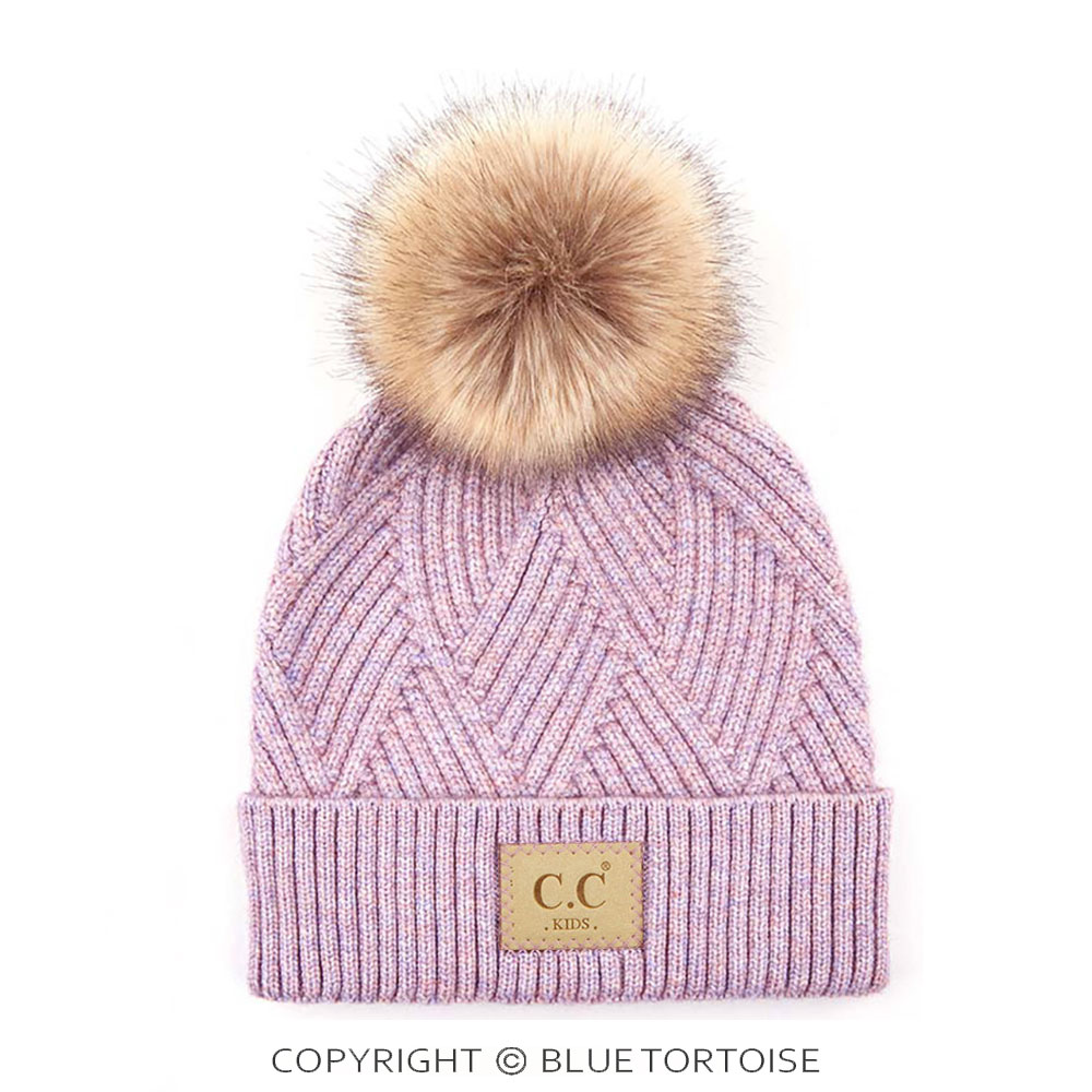 C.C Kids Diagonal Stripes Criss Cross Pattern Beanie with Pom