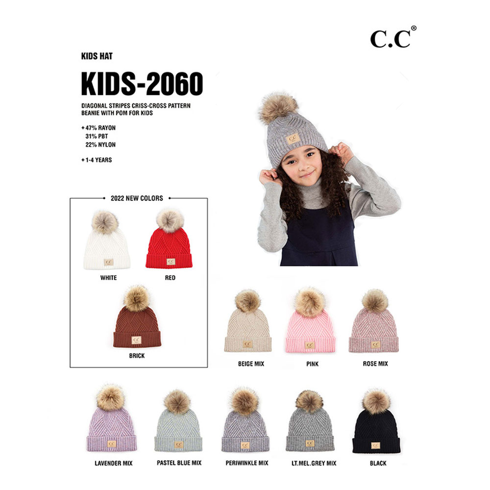C.C Kids Diagonal Stripes Criss Cross Pattern Beanie with Pom - Image 3