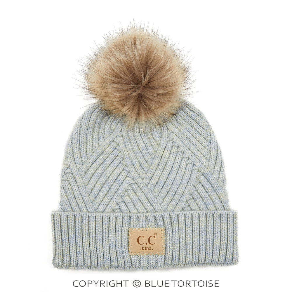 C.C Kids Diagonal Stripes Criss Cross Pattern Beanie with Pom