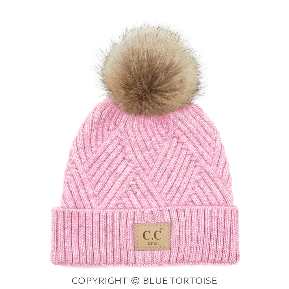 C.C Kids Diagonal Stripes Criss Cross Pattern Beanie with Pom