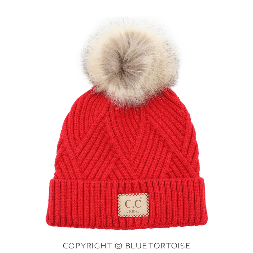 C.C Kids Diagonal Stripes Criss Cross Pattern Beanie with Pom