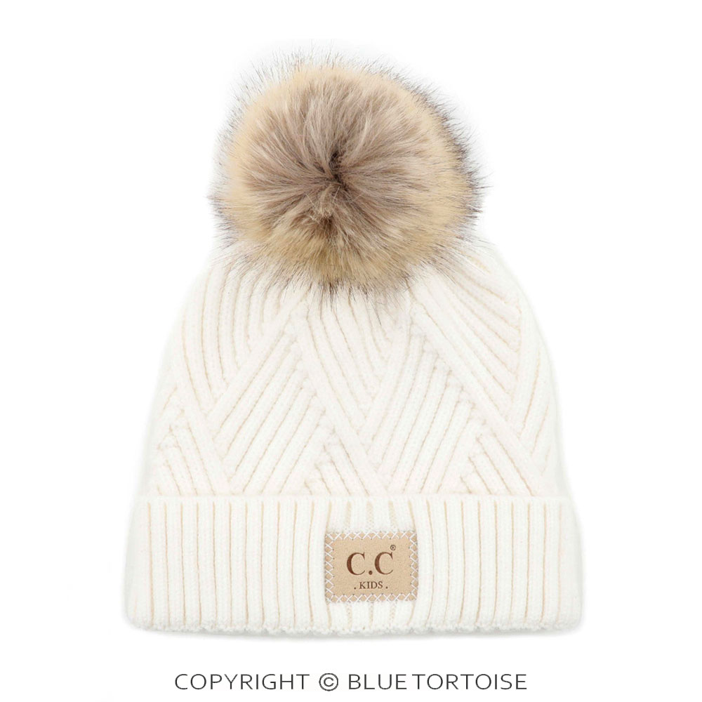 C.C Kids Diagonal Stripes Criss Cross Pattern Beanie with Pom