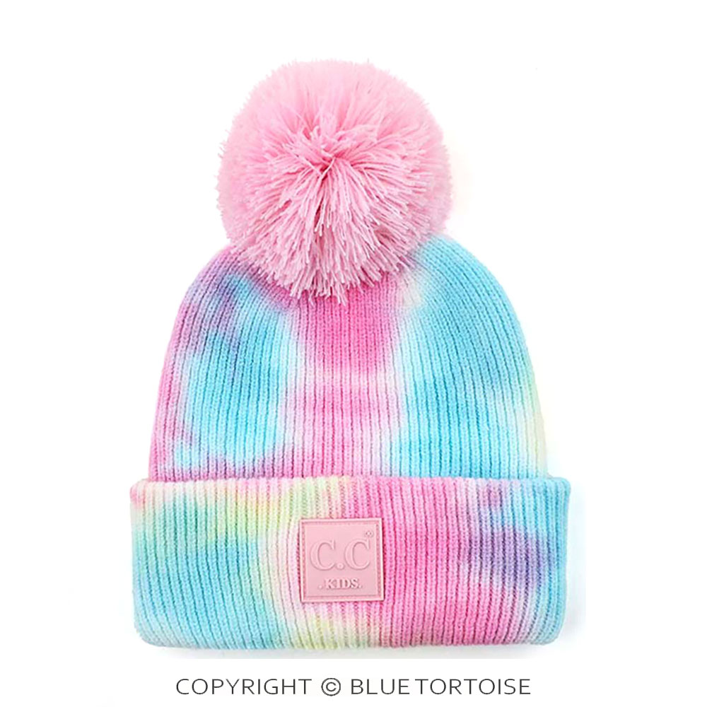 C.C Tie Dye Kids Beanie with Rubber Patch and Yarn Pom