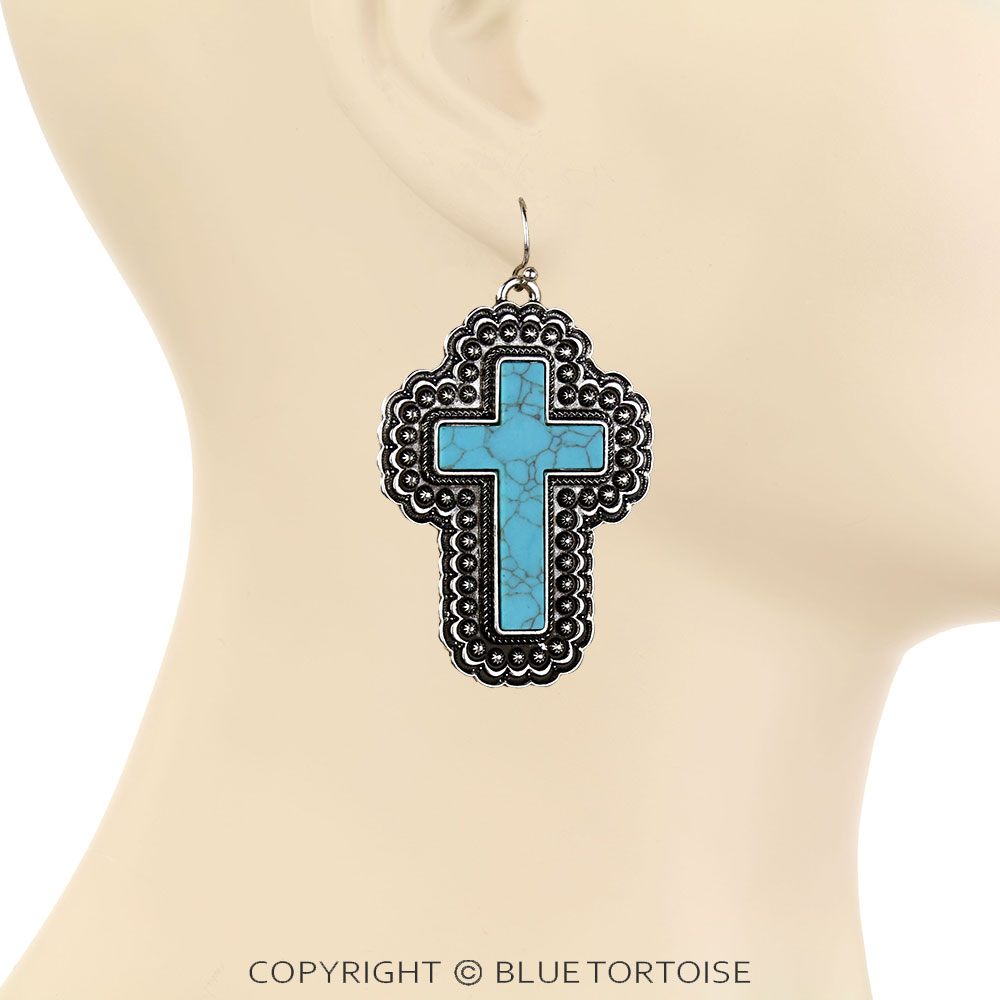 Western Large Cross Stone Dangle Earrings - Image 2
