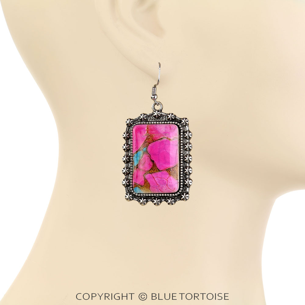 Western Rectangle Stone Dangle Earrings - Image 2