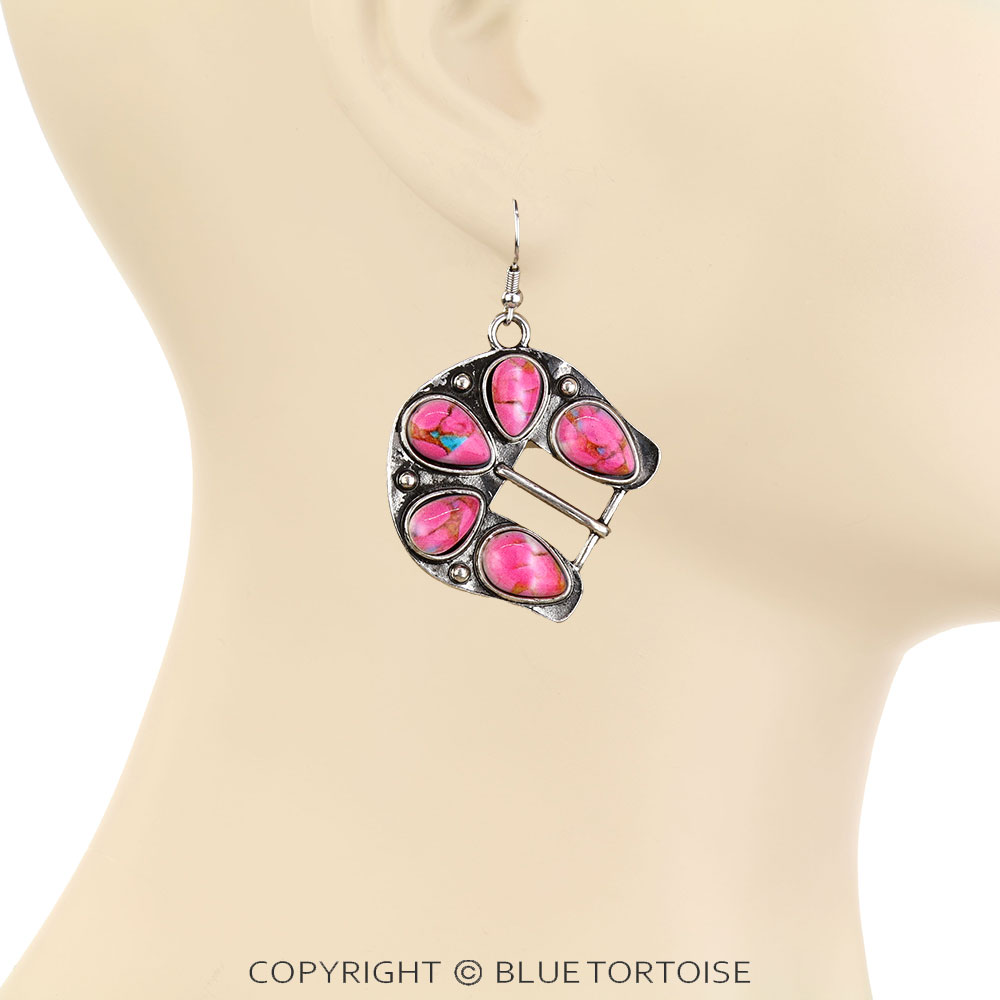 Western Belt Buckle Stone Dangle Earrings - Image 2