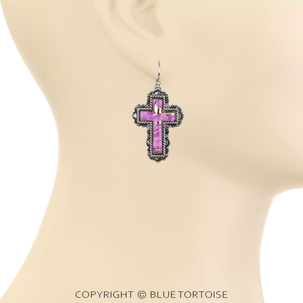 Western Cross Print w/ Stone Dangle Earrings - Image 2