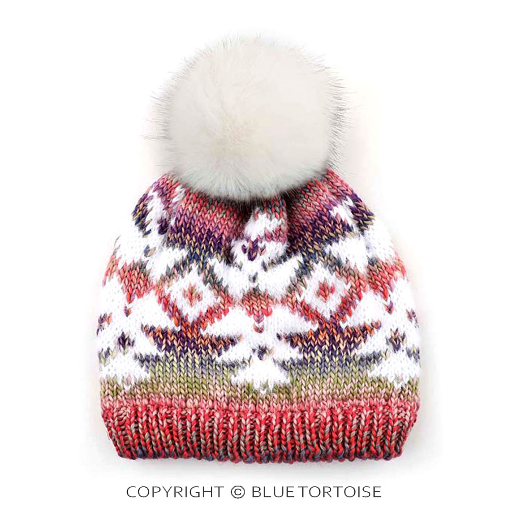 C.C Multi Yarn Aztec Beanie Hat with Faux Fur