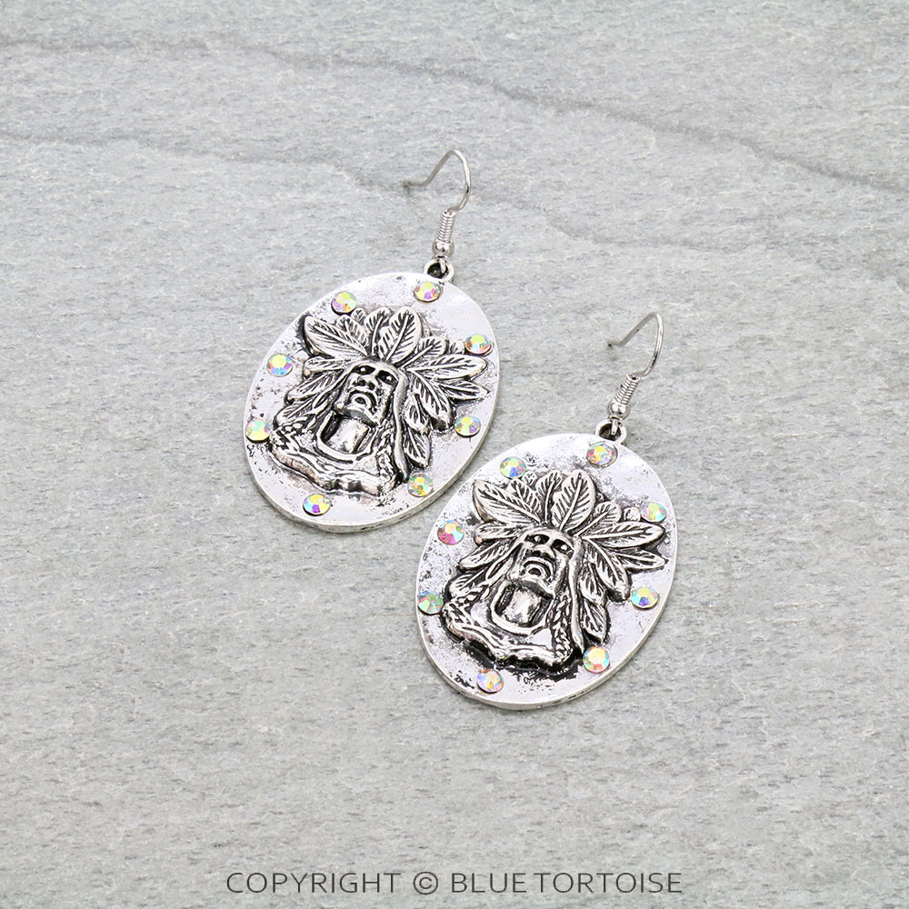 Western Indian Head with Rhinestone Dangle Earrings