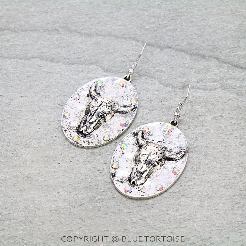 Western Steer Skull with Rhinestone Dangle Earrings