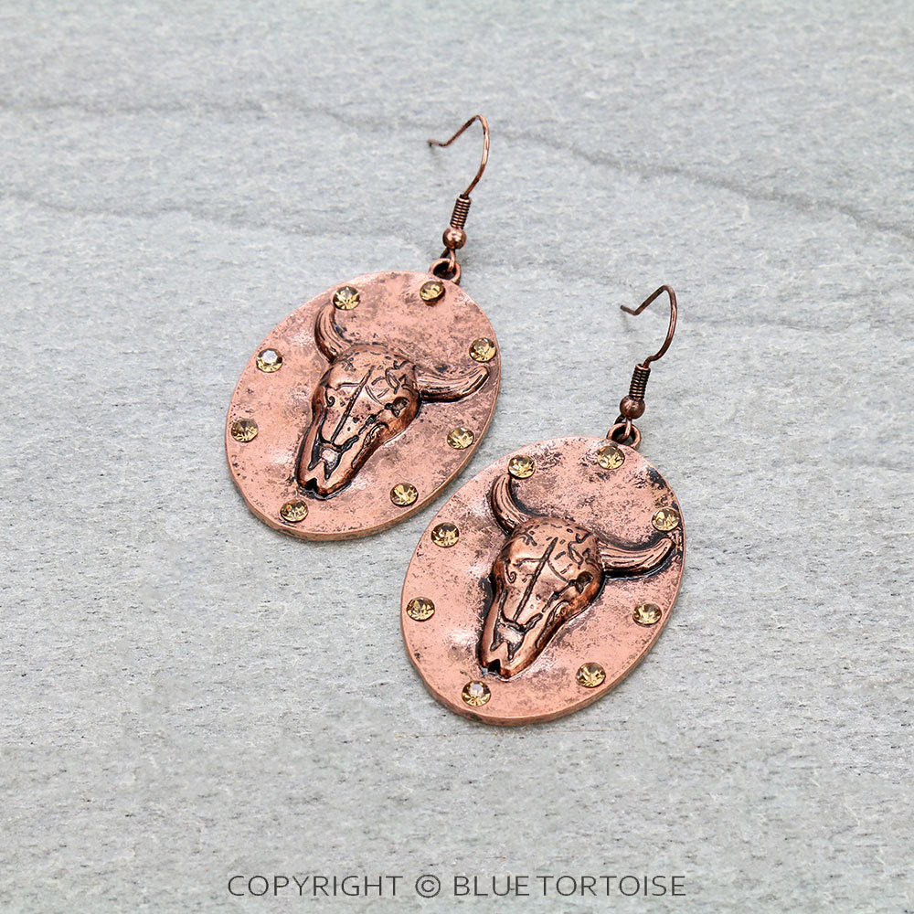 Western Steer Skull with Rhinestone Dangle Earrings