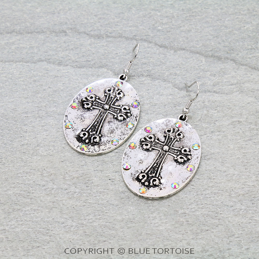 Western Cross with Rhinestone Dangle Earrings
