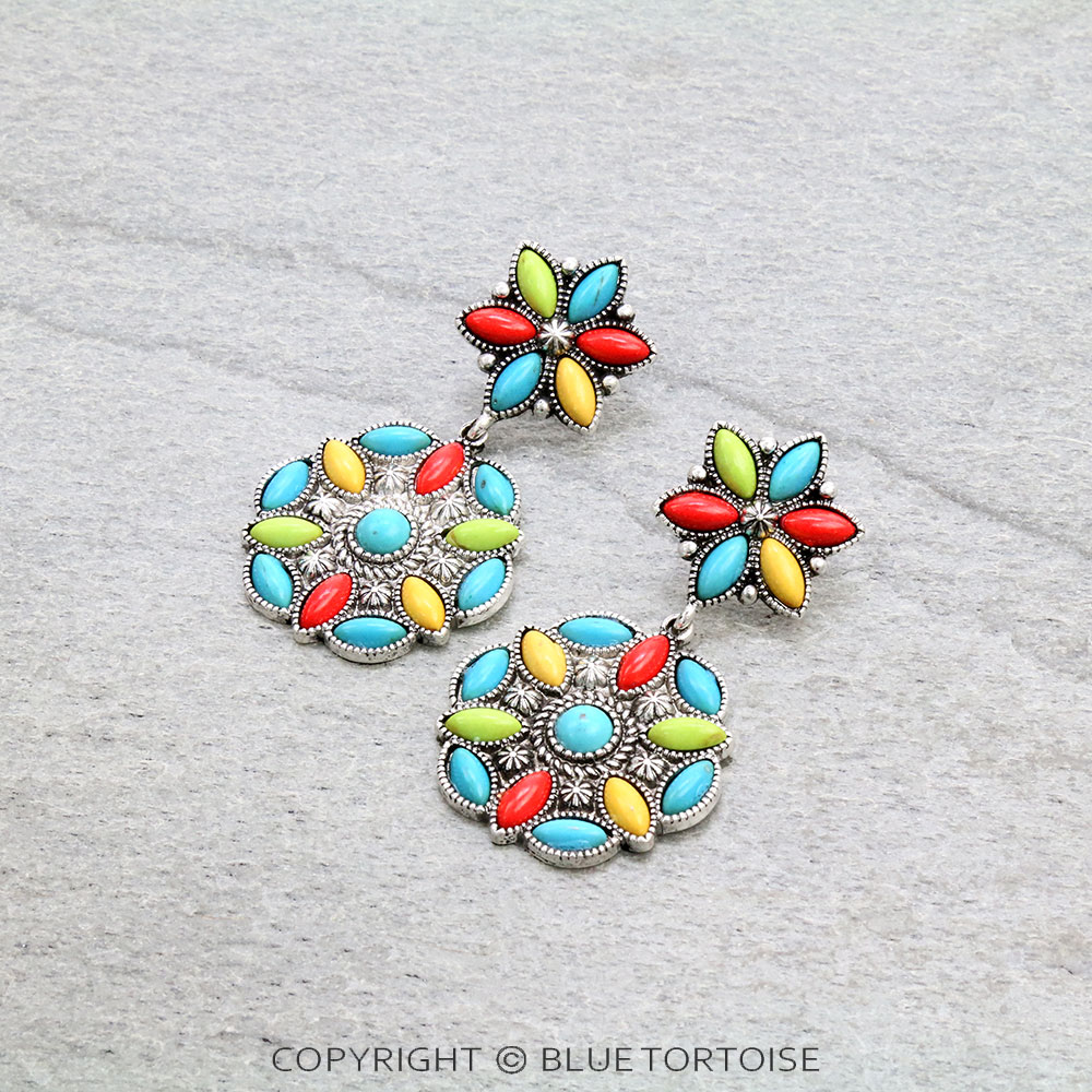 Western Concho Semi Stone Stud Earrings