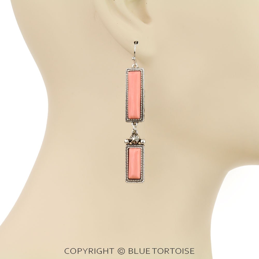 Western Hand Craft Stone Rectangle Dangle Earrings - Image 2