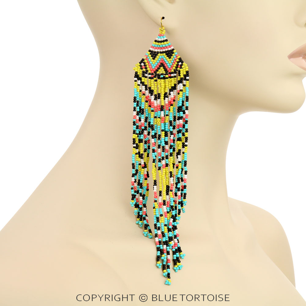 7" Long Seed Bead Fringe Dangle Earrings - Image 2