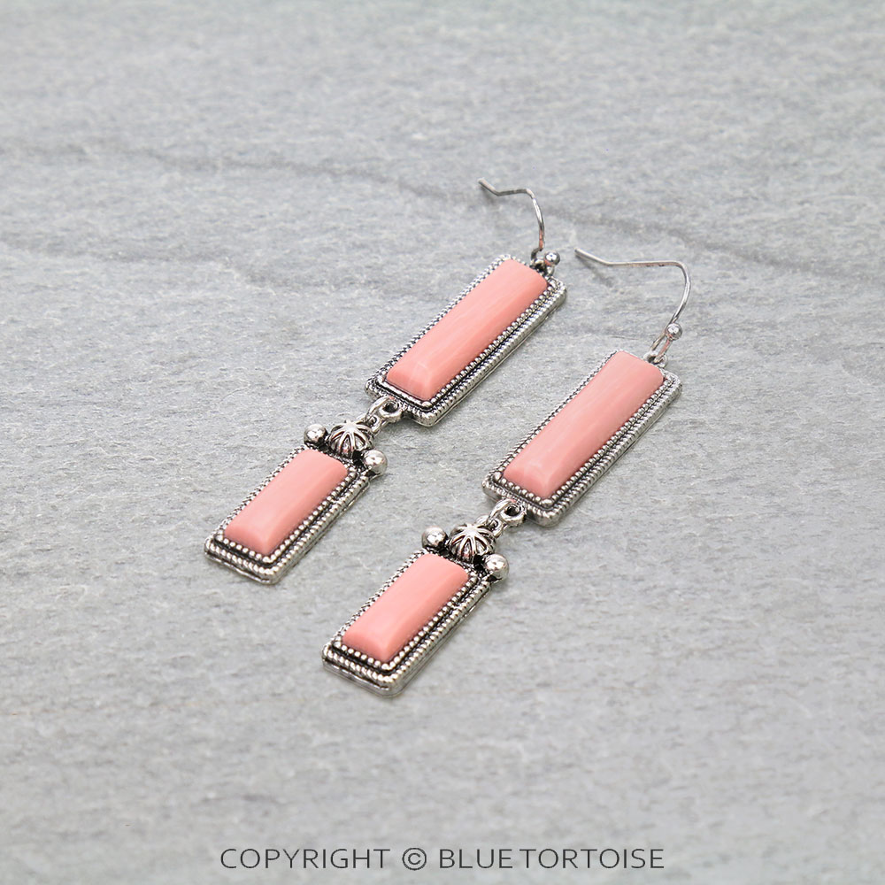 Western Hand Craft Stone Rectangle Dangle Earrings