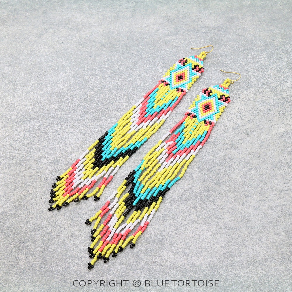 7" Long Aztec Seed Bead Fringe Dangle Earrings