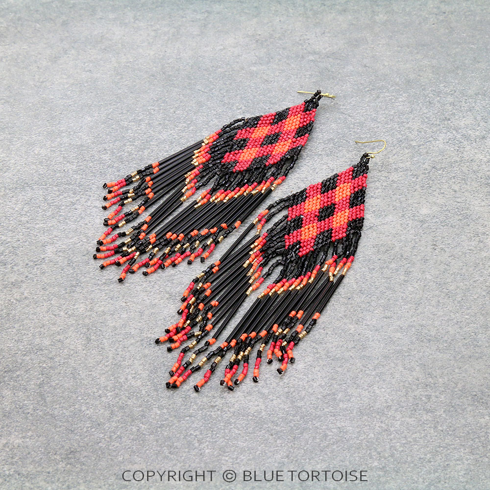 5.5" Plaid Seed Bead Fringe Dangle Earrings