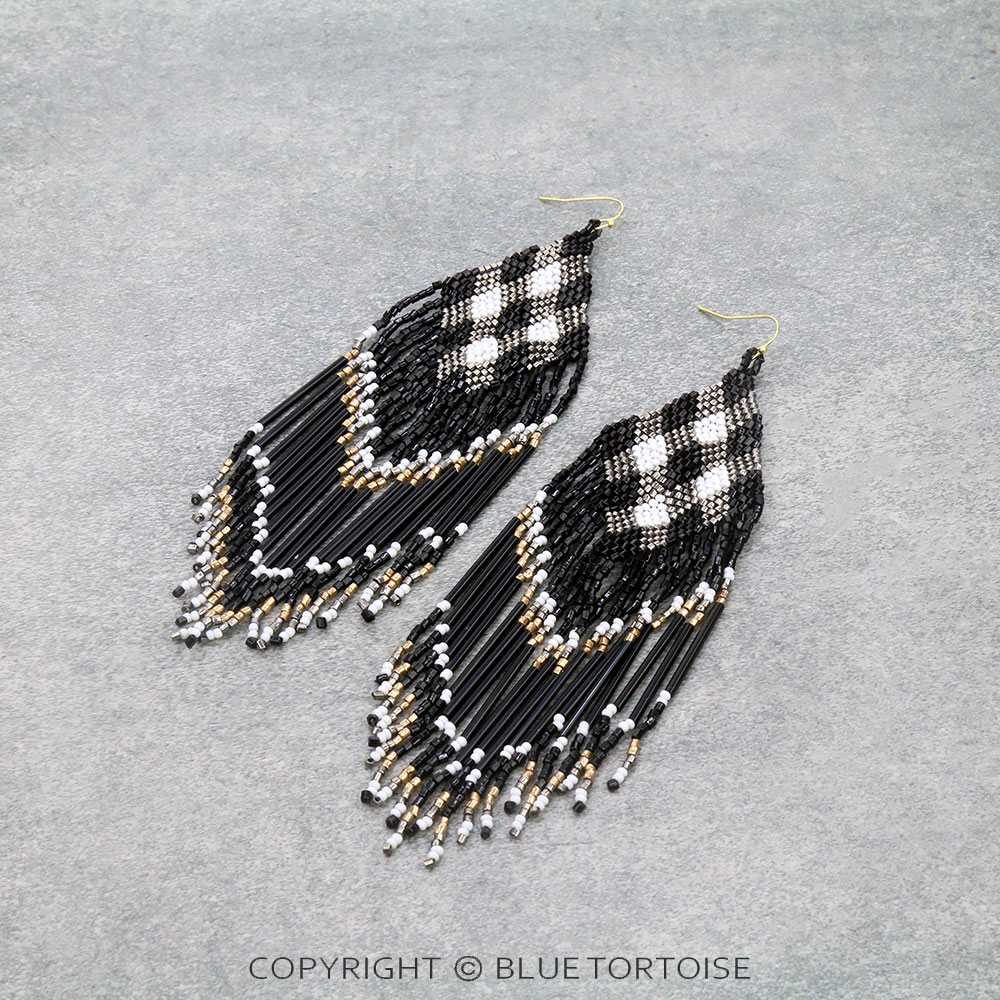 5.5" Plaid Seed Bead Fringe Dangle Earrings