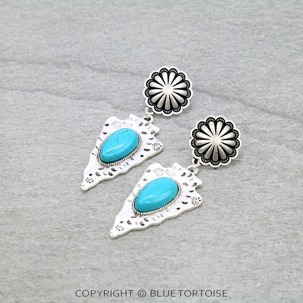 2.8" Long, Bronze* Concho Post, Arrowhead Natural Stone Earrings
