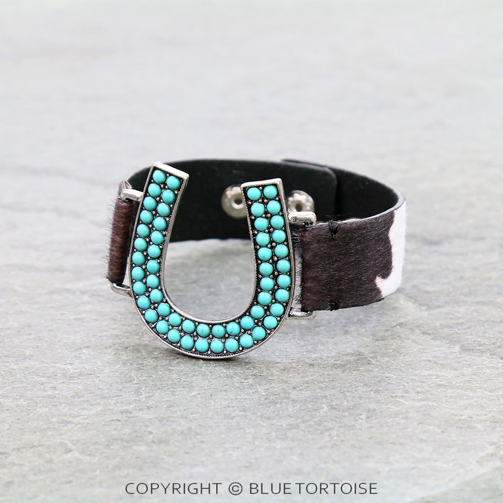 Horseshoe with Cowhide Leather Snap Button Bracelet