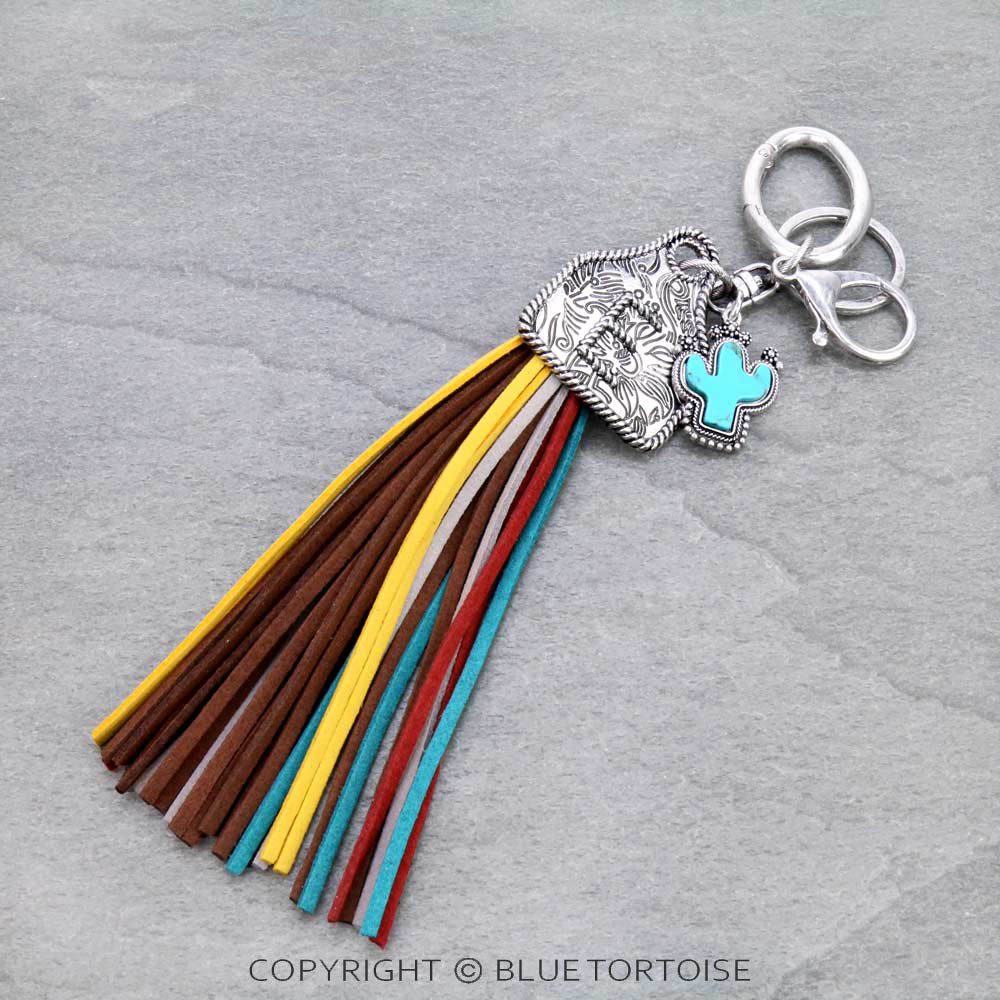 Cow Ear Tag Initial "E" Pendant With Tassel Keychain
