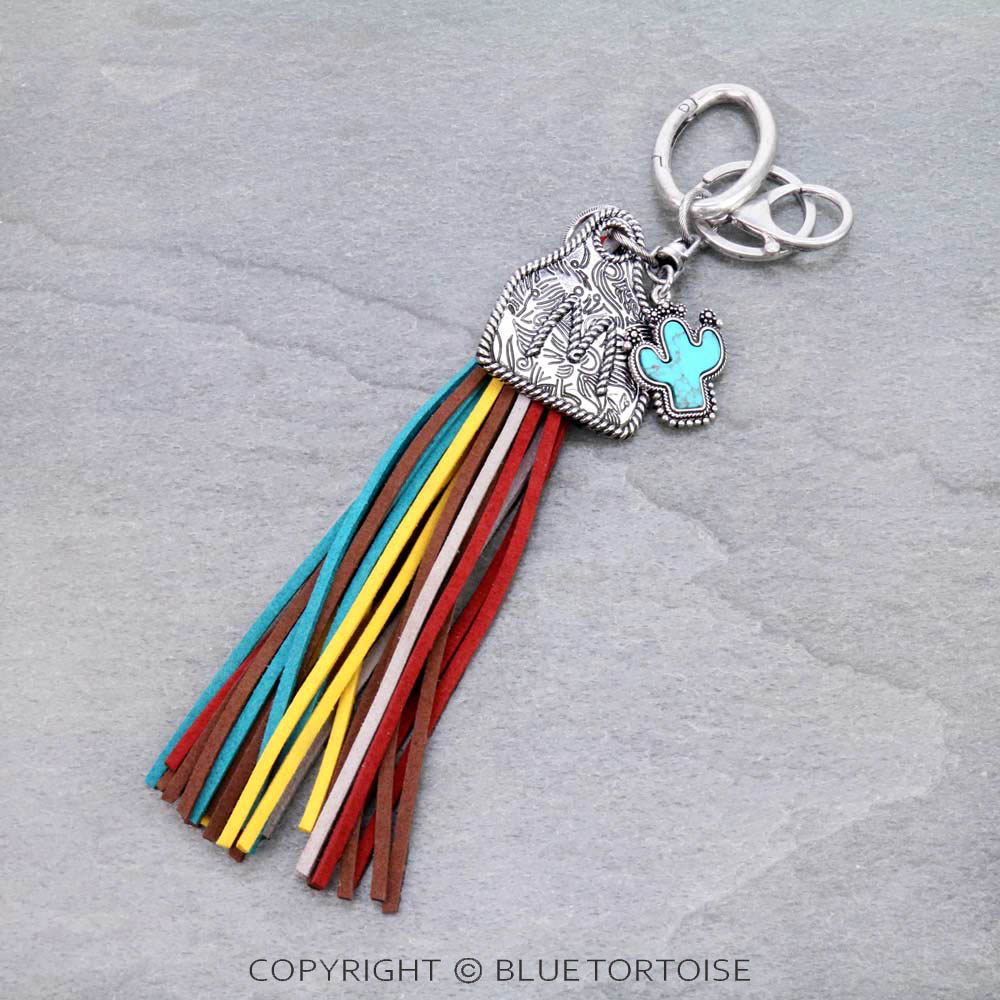 Cow Ear Tag Initial "M" Pendant With Tassel Keychain