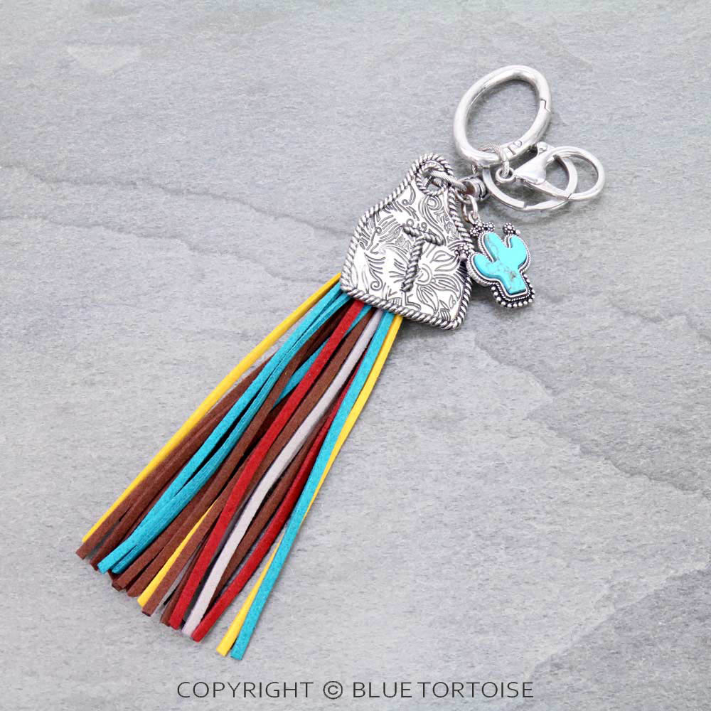 Cow Ear Tag Initial "T" Pendant With Tassel Keychain