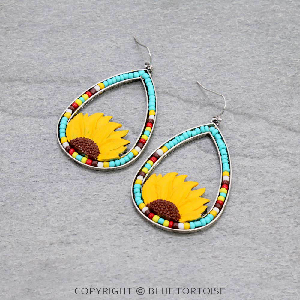 Sunflower Teardrop with Seed Bead Dangle Earrings