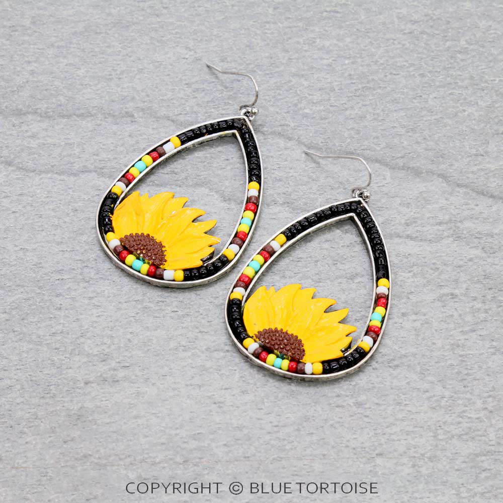 Sunflower Teardrop with Seed Bead Dangle Earrings