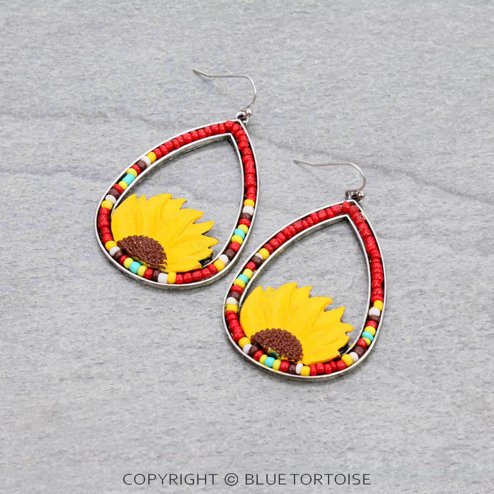 Sunflower Teardrop with Seed Bead Dangle Earrings