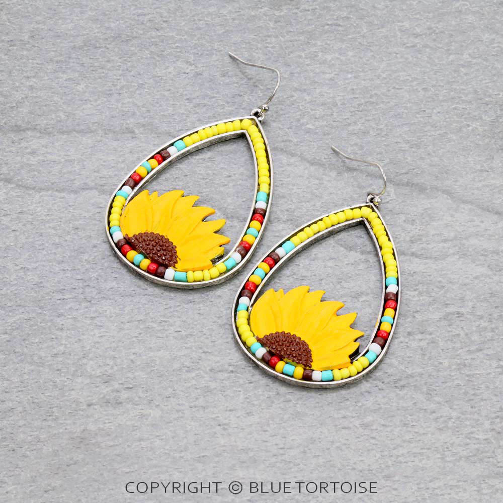 Sunflower Teardrop with Seed Bead Dangle Earrings