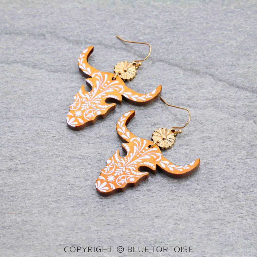 1.6" Wooden Steer Skull Dangle Earrings
