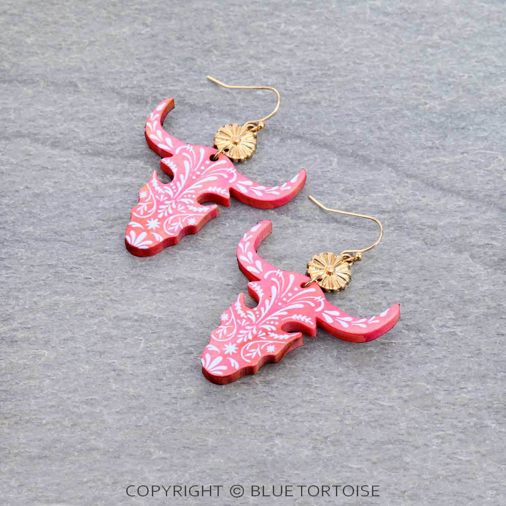 1.6" Wooden Steer Skull Dangle Earrings