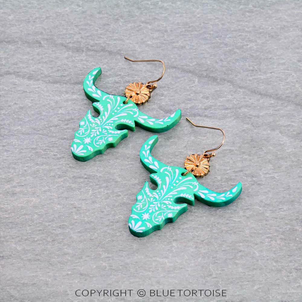 1.6" Wooden Steer Skull Dangle Earrings