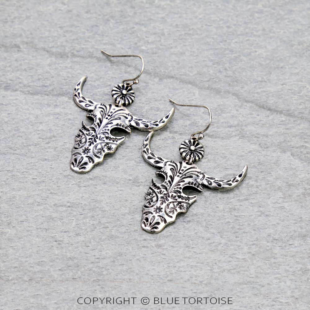 1.5" Western Metal Steer Skull Dangle Earrings