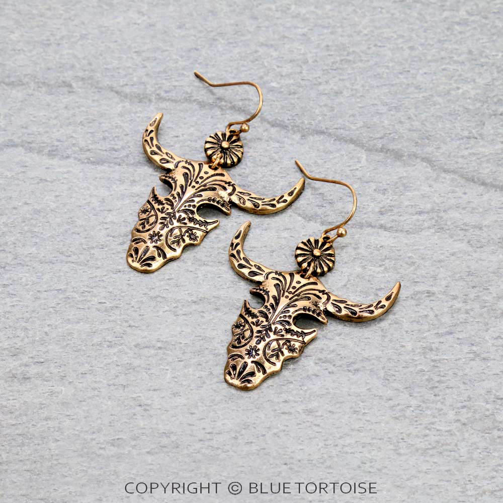 1.5" Western Metal Steer Skull Dangle Earrings