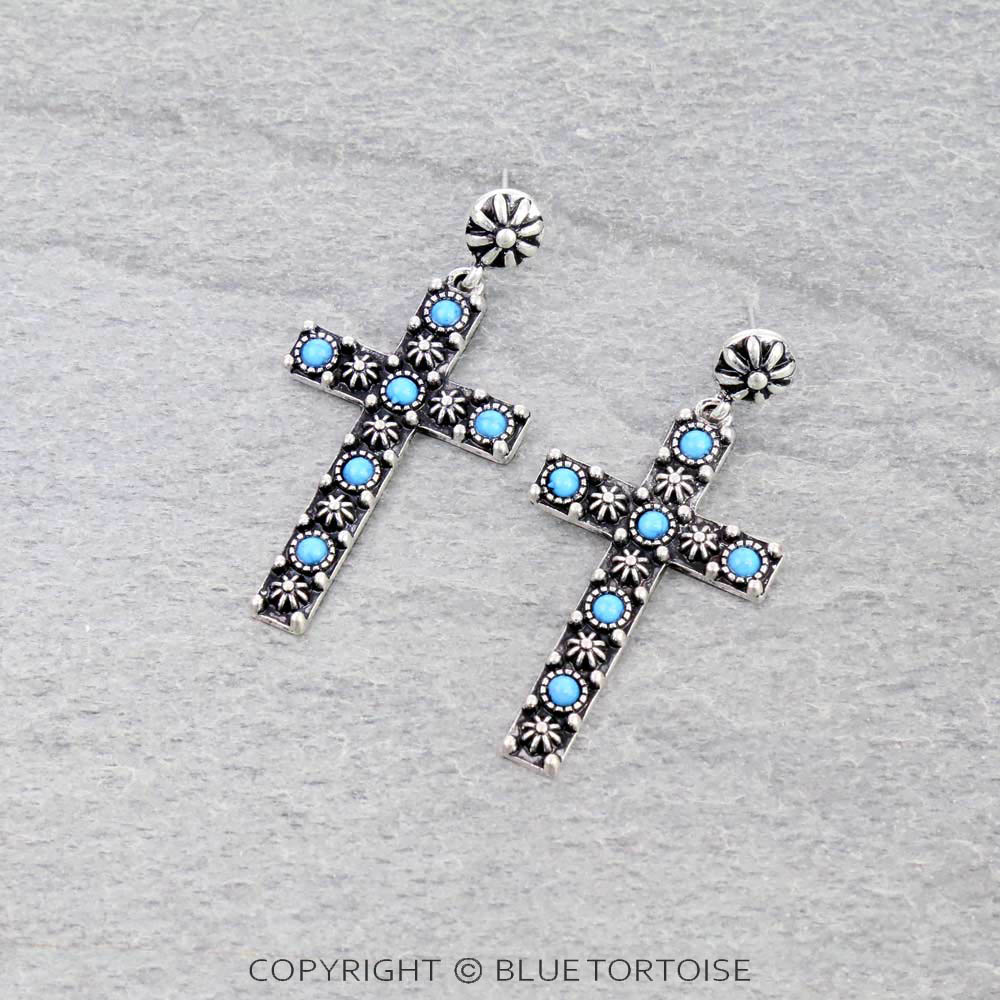2" Western Cross Beaded Stud Earrings