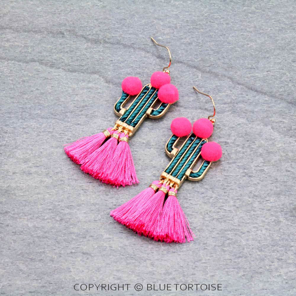 2.25" Cactus with Tassel Dangle Earrings