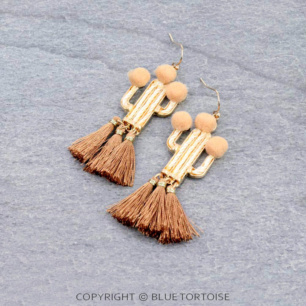 2.25" Cactus with Tassel Dangle Earrings