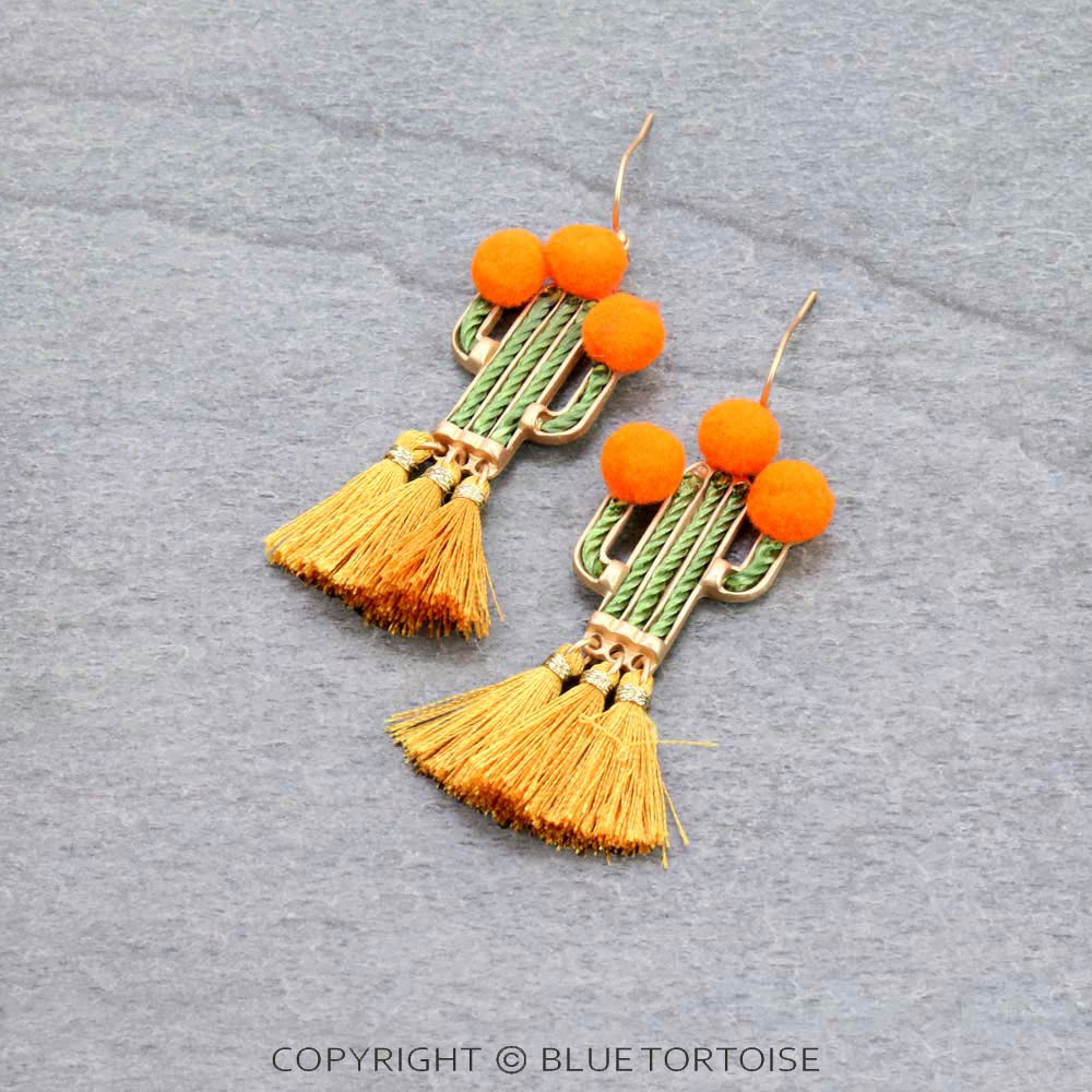 2.25" Cactus with Tassel Dangle Earrings