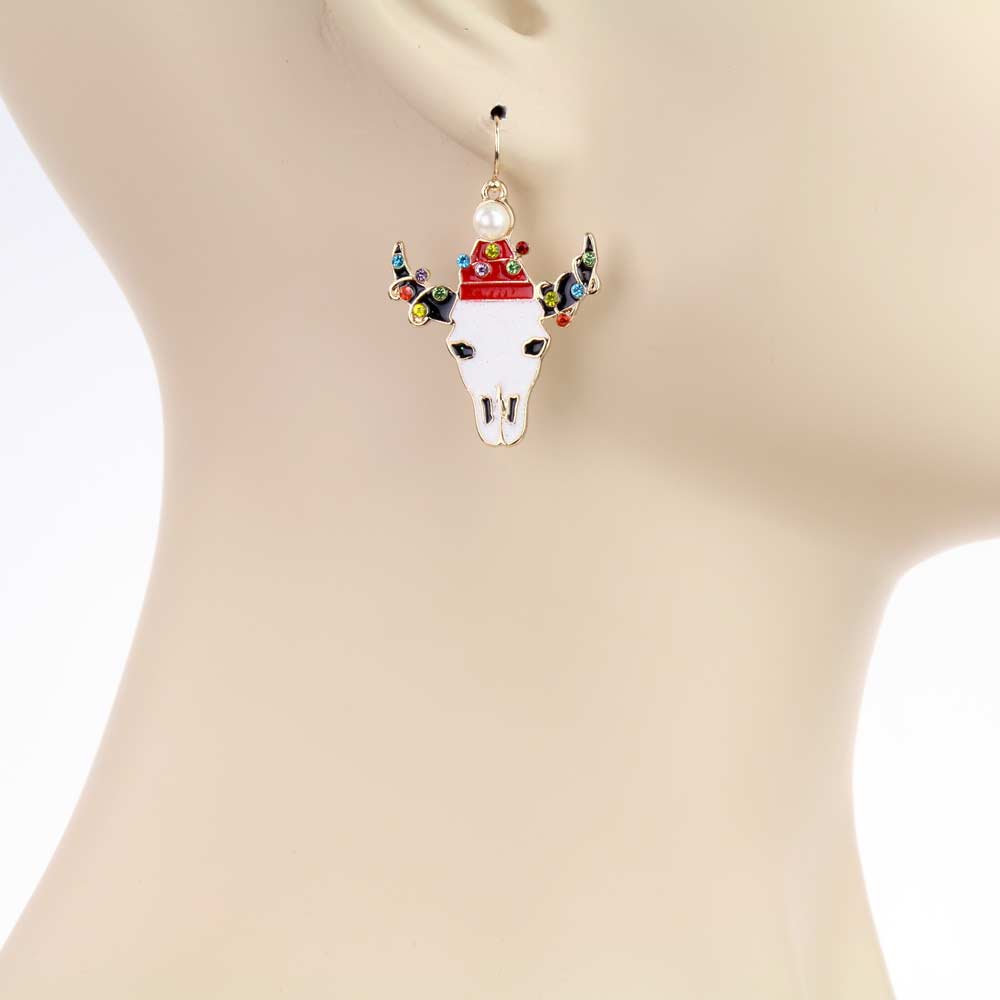 1.5" Christmas Steer Skull Dangle Earrings - Image 2