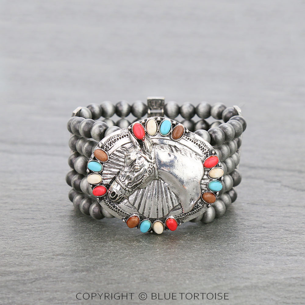 Western Horse with 5Row Navajo Style Pearl Stretch Bracelet
