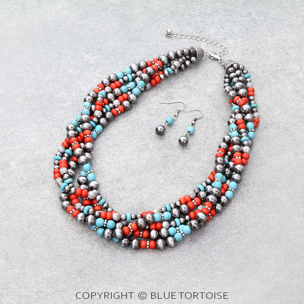 Navajo Style Pearl Layered Necklace Set