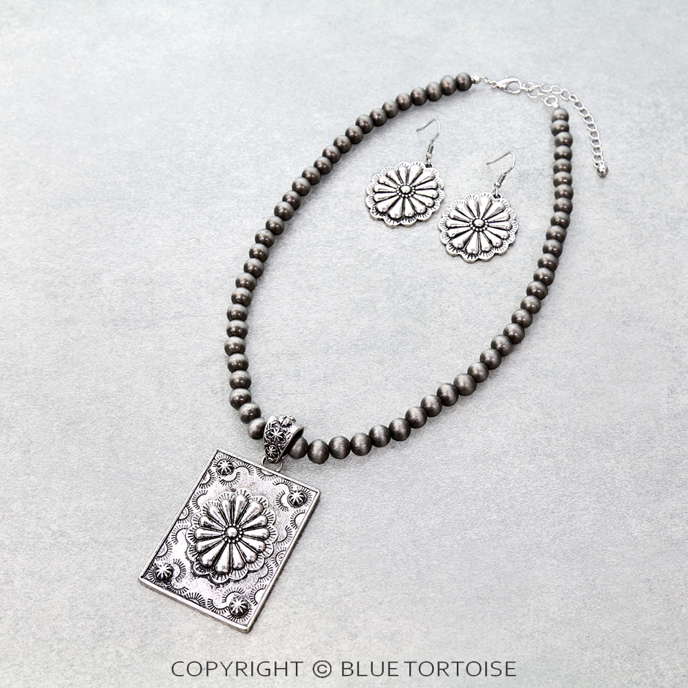 Western Rectangle Concho Pendant Necklace Set