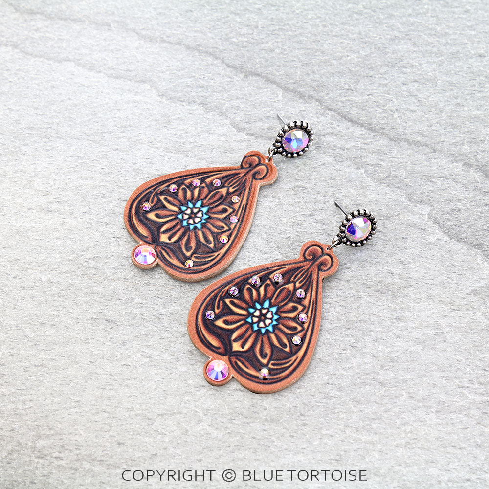 Tooled Leather Flower Stone Stud Earrings