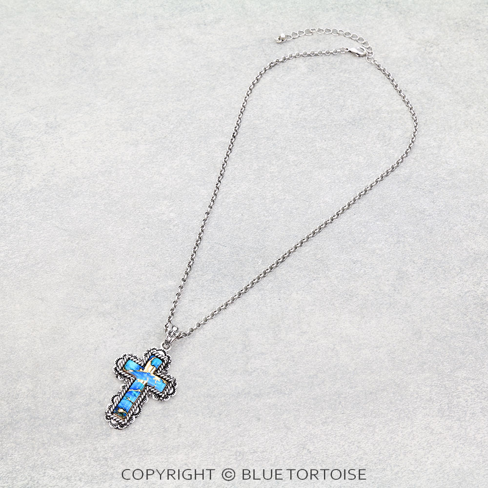 Western Cross Print w/ Stone Necklace