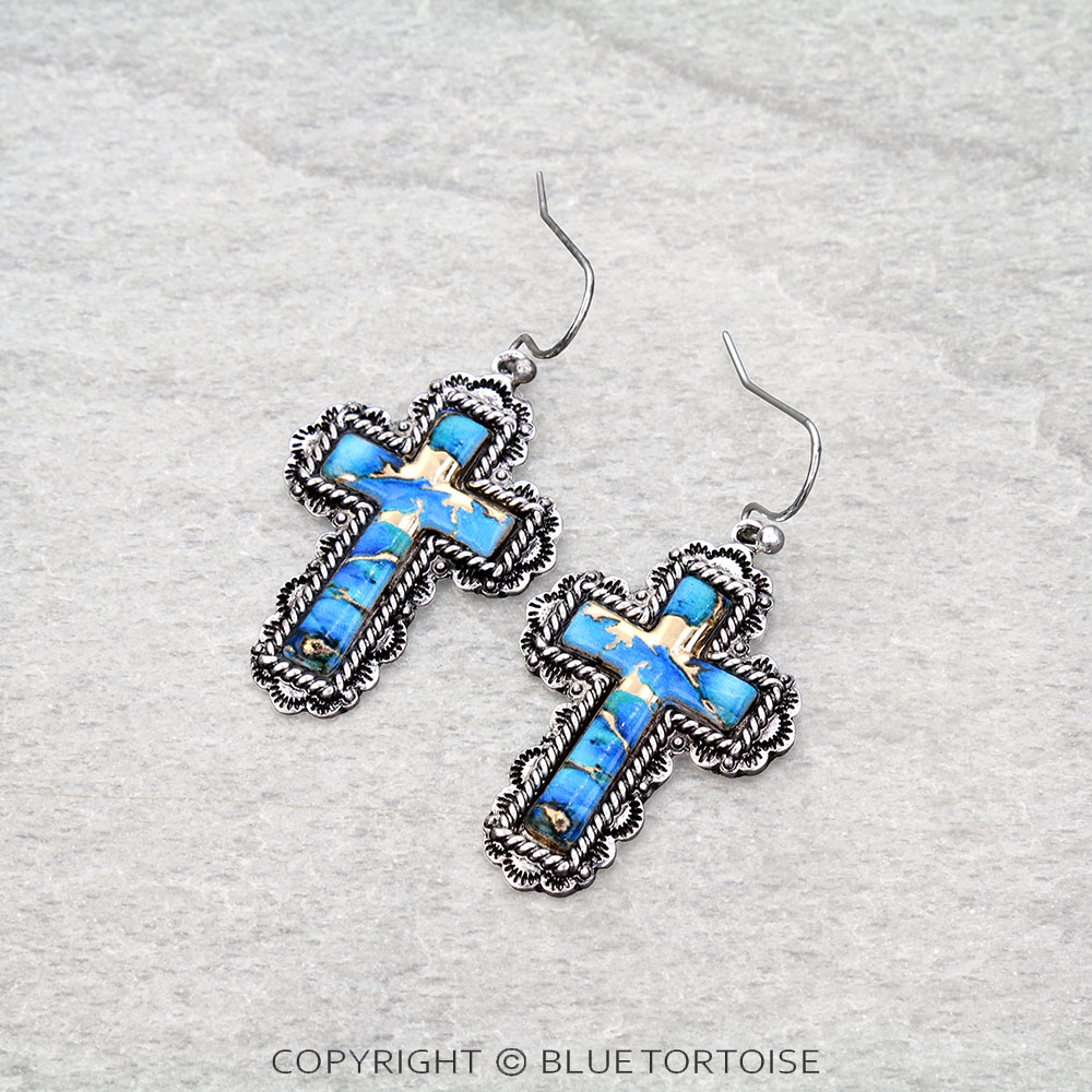 Western Cross Print w/ Stone Dangle Earrings