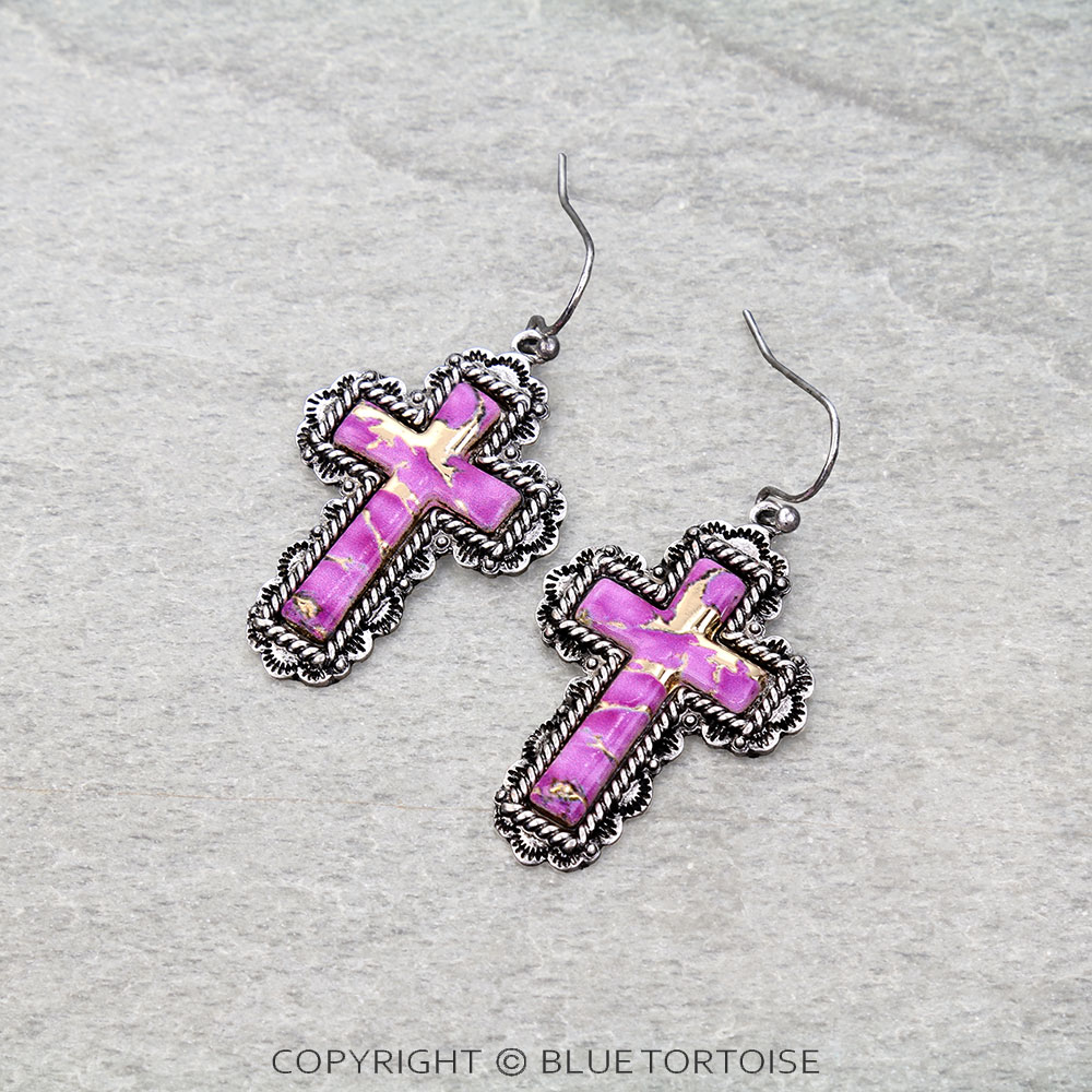 Western Cross Print w/ Stone Dangle Earrings